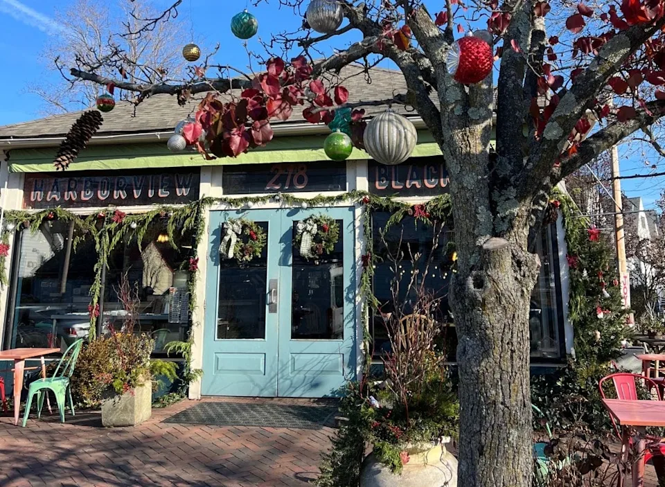 Exterior of Harborview decorated with garland