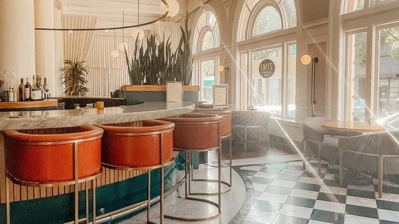 Bar seating and arched windows inside the Hotel Shattuck Plaza in Berkeley