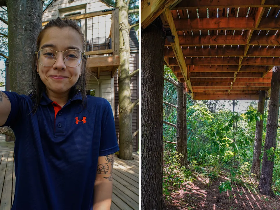 Two images: Left: The author takes a selfie in front of a treehouse. Right: Underneath the foundation of the treehouse