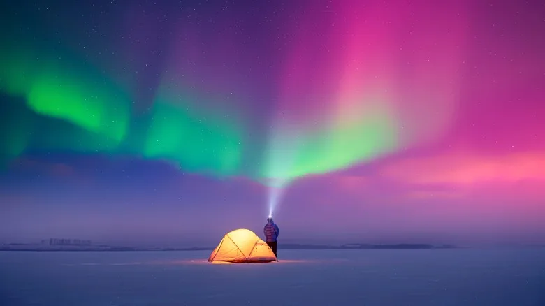 Person shines a flashlight in incredible starry sky with Aurora borealis