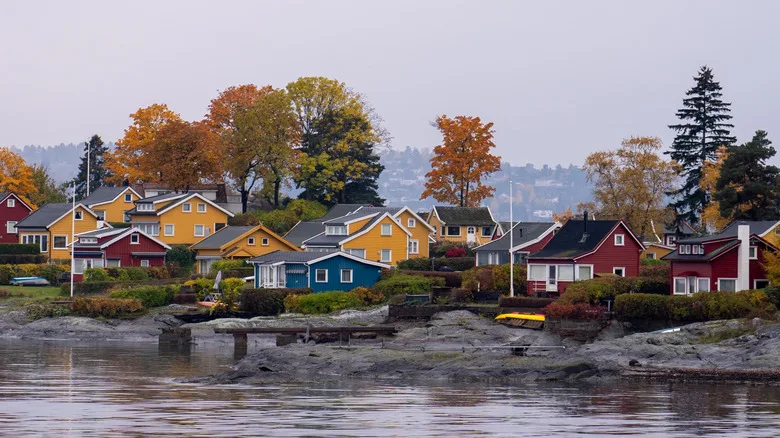Oslofjord view of summer houses and cottages during the autumn months.