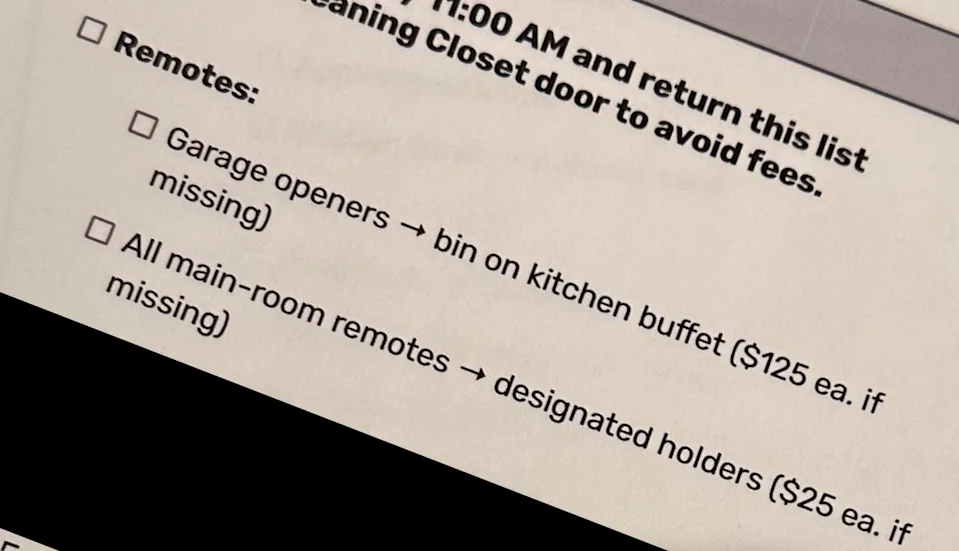 Checklist excerpt: Remotes should be placed in specific locations; fees apply for missing items