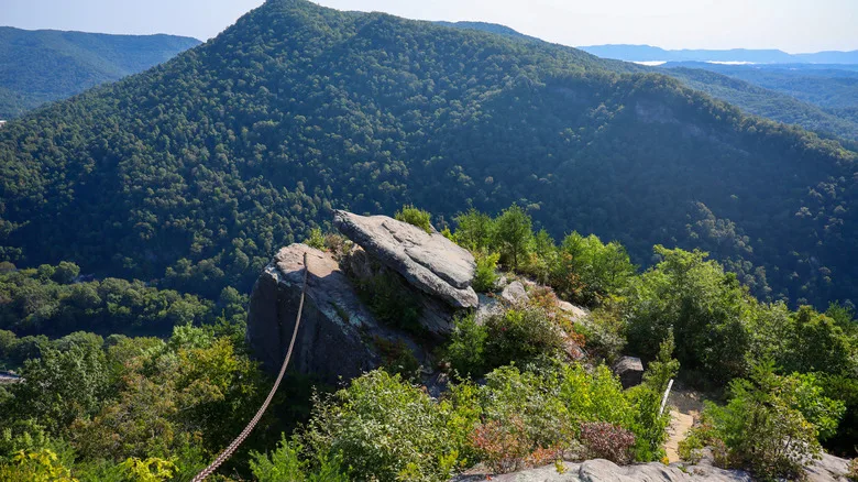 Chained Rock in Pine Mountain State Park in the foreground, with mountain peaks in the background