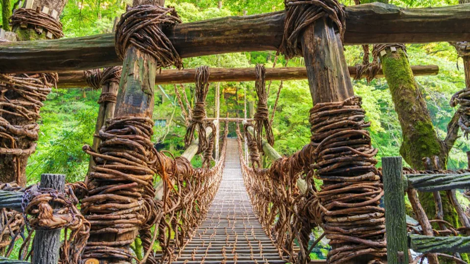 Iya Valley, Tokushima, Japan at the Kazurabashi vine bridge. Though rebuilt periodically, the history of the bridge dates back to more than 800 years.