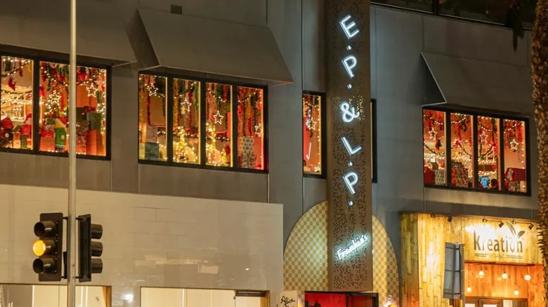 Facade of E.P. & L.P. decked out for the Holly Jolly pop-up bar.
