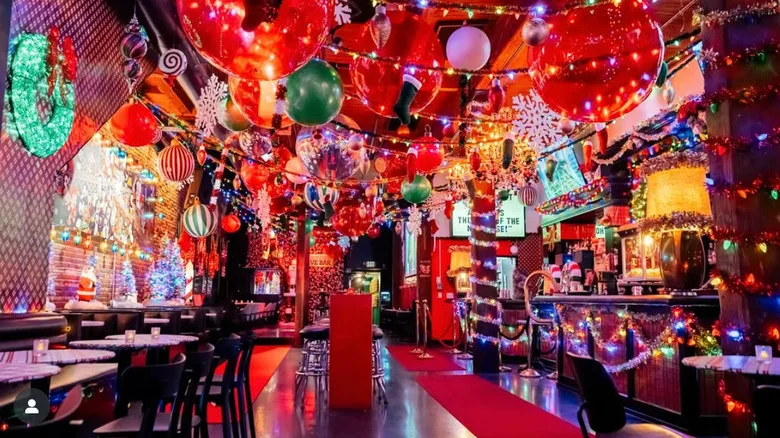 Christmas Dive Bar decorated for the holidays.