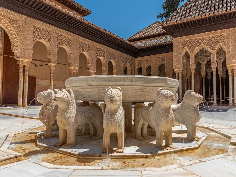 The Patio of the Lions at Alhambra in Granada, Spain.