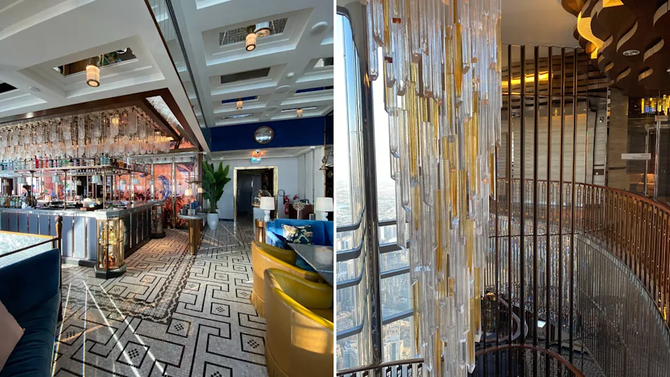I admired the elegant interior design, mirrored walls, and artistic lighting inside Atmosphere Restaurant at the Burj Khalifa.