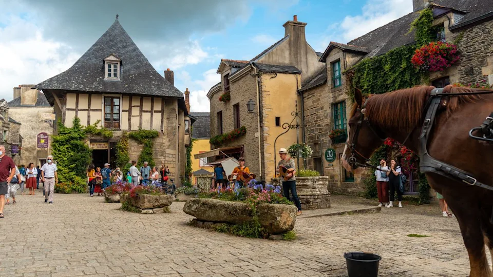 Rochefort-en-Terre, French Brittany. France: July 2021: Square in the medieval village of Rochefort-en-Terre, Morbihan