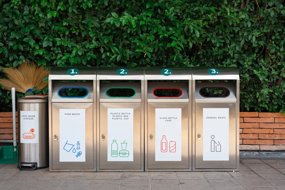 Four recycling bins for different waste types: food, plastic, glass, and general waste. A separate bin for face masks is on the left
