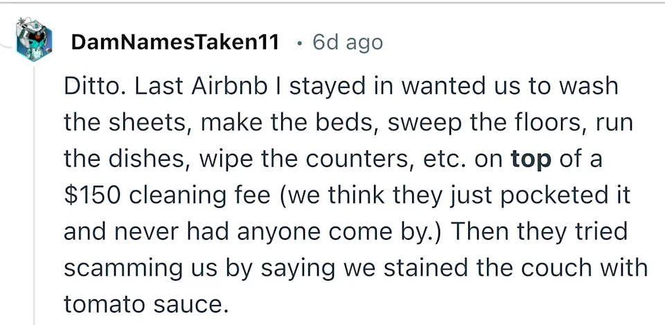 A social media post describes an Airbnb requiring extra cleaning tasks despite a $150 fee, followed by a false claim about couch damage