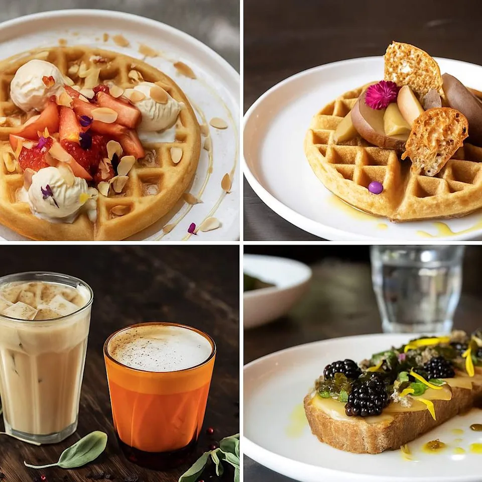 Waffles with fruit and cream, toast with blackberries, iced coffee, and a latte on a table.