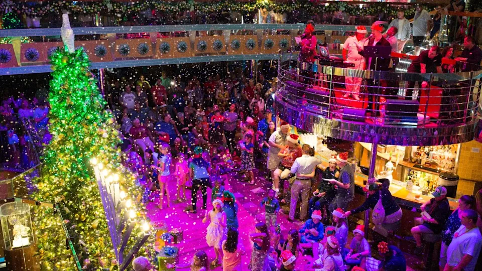 Carnival's holiday events include a Let It Snow celebration in the Atrium. Image source: Carnival Cruise Line