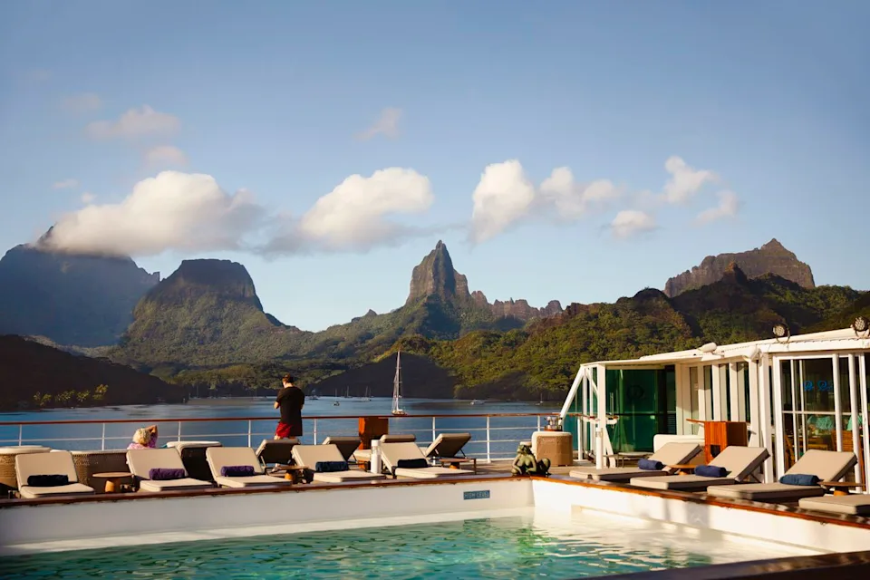 Amanda Villarosa/Travel + Leisure Moorea views from the pool deck of the Paul Gauguin.