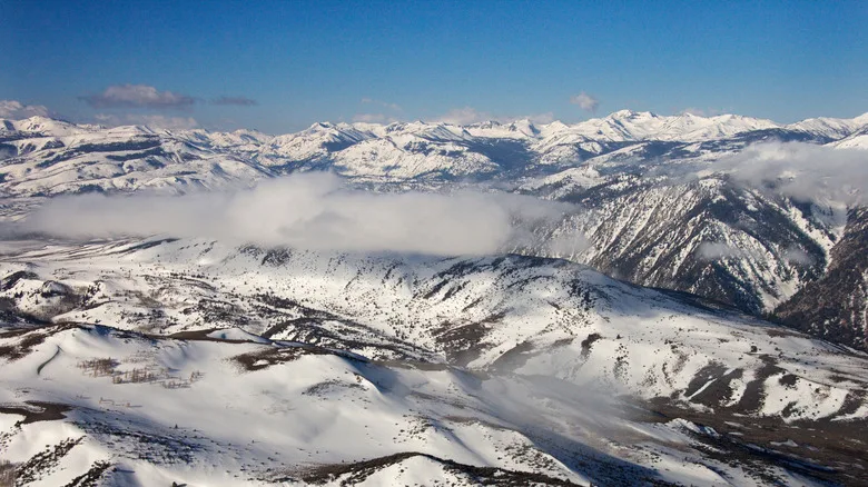Aerial landscape of the snow-covered Sweetwater Mountains in California