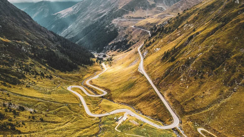 Aerial drone view of Romania's iconic mountain highway