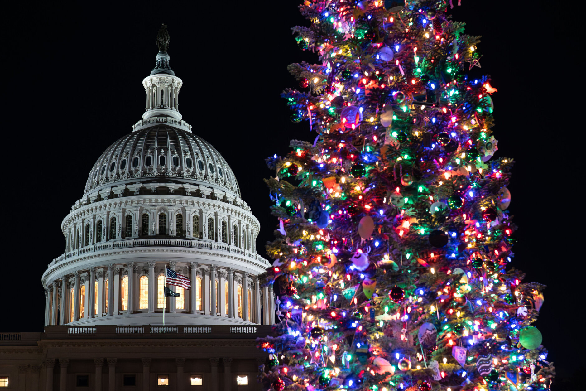 The Capitol Christmas tree, a 53-foot red fir from the Humboldt-Toiyabe National Forest in Nevada, is illuminated in Washington, Tuesday, Dec. 2, 2025. (AP Photo/J. Scott Applewhite)