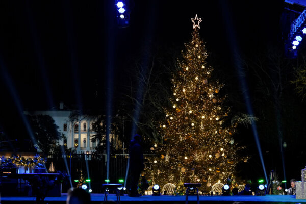 Large christmas tree with the white house behind it