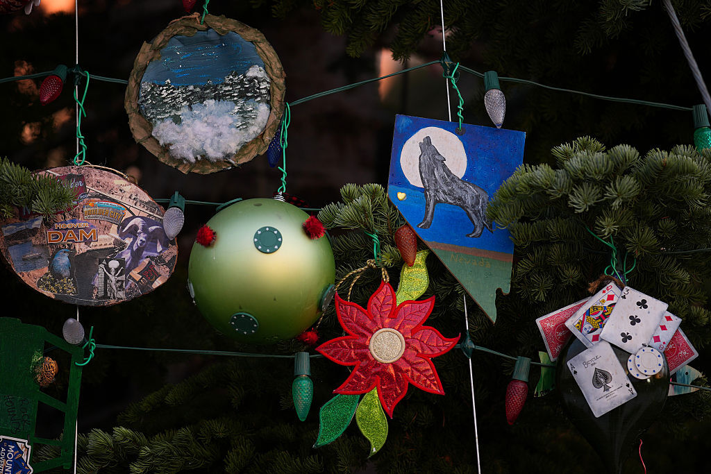 WASHINGTON, DC - DECEMBER 02: Ornaments crafted by Nevada residents adorn the U.S. Capitol Christmas Tree prior to the Christmas Tree lighting ceremony at the West Front of the U.S. Capitol on December 02, 2025 in Washington, DC. This year’s tree, a 53-foot red fir from the Humboldt-Toiyabe National Forest, marks the first U.S. Capitol Christmas Tree from the state of Nevada. (Photo by Andrew Harnik/Getty Images)