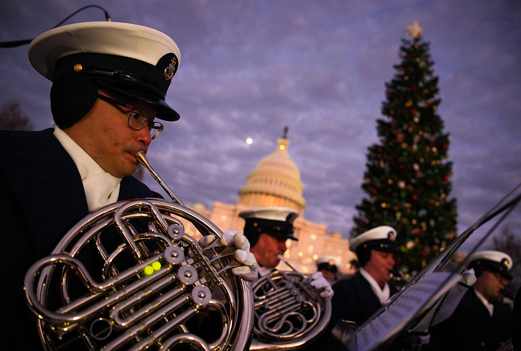 WASHINGTON, DC - DECEMBER 02: Members of the U.S. Coast Guard Band perform during the U.S. Capitol Christmas Tree lighting ceremony on the West Front Lawn at the U.S. Capitol on December 02, 2025 in Washington, DC. This year’s tree, a 53-foot red fir from the Humboldt-Toiyabe National Forest, marks the first U.S. Capitol Christmas Tree from the state of Nevada. (Photo by Andrew Harnik/Getty Images)