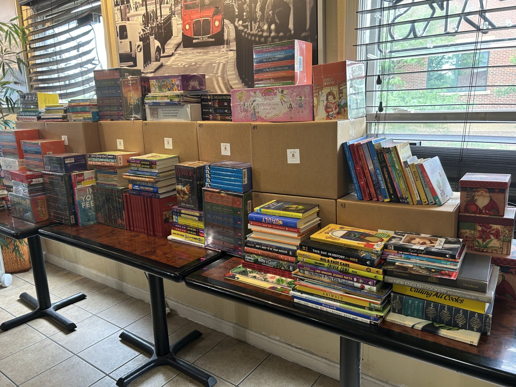 Books stacked on a table for book drive at For Love & Buttercup