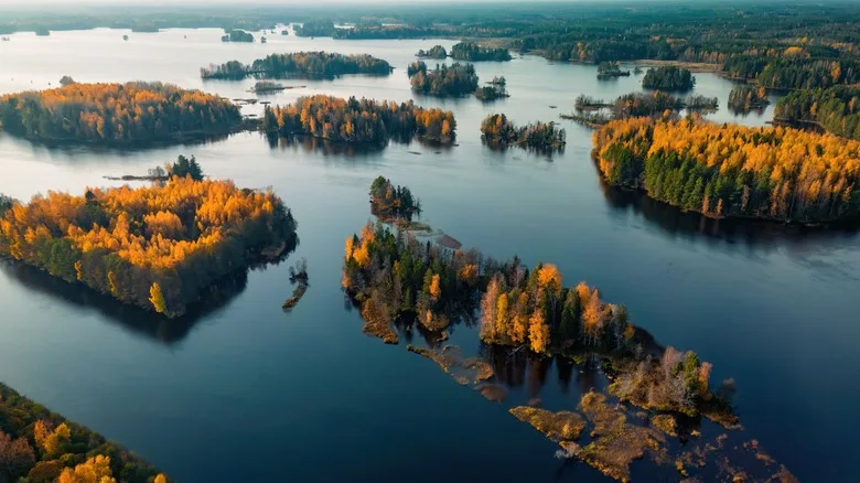 Spectacular drone view of the Swedish archipelago landscape, and islands, autumn, Stockholm, Sweden
