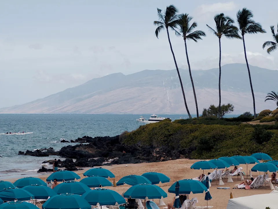 People lounging under umbrellas on a beach with mountains and palm trees in the background.