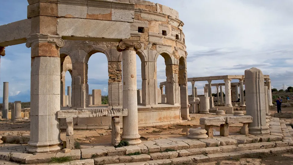 The marketplace at the spectacular ruins of Leptis Magna near Al Khums, Libya