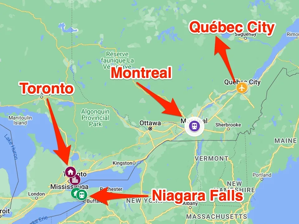 A map of Canada with arrows pointing to where the author visited