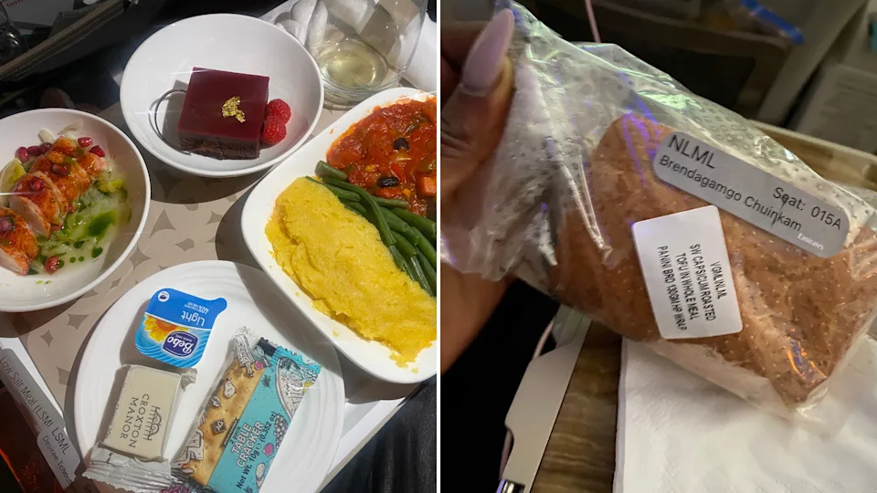 Collage showing my Premium Economy meal with omelet, vegetables, appetizers, dessert, and a separate labeled lactose-free meal option.