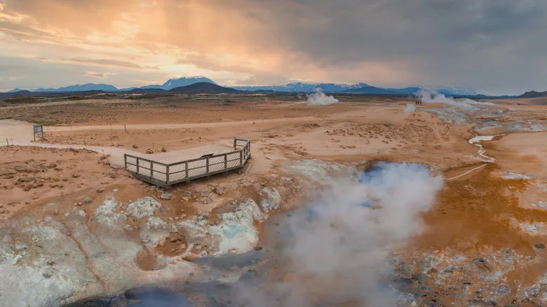 Aerial view of steaming hot springs