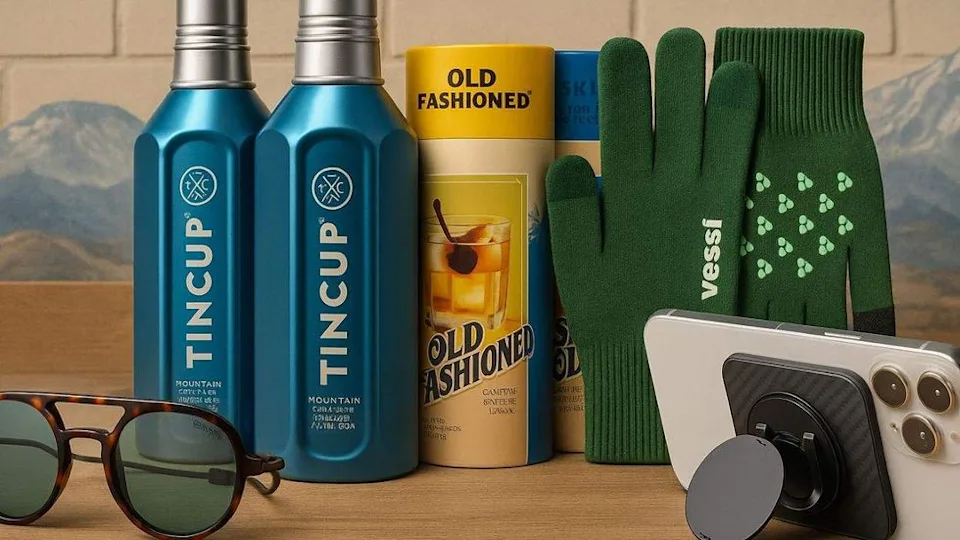 Assorted items: TINCUP cans, Old Fashioned mix, green gloves, sunglasses, and a smartphone.
