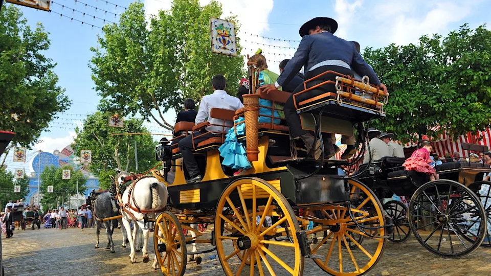 Seville, Spain - May 04, 2011: A horse carriage in Seville Fair (Feria de Sevilla), Spanish horses at the April Fair, Andalusia, Spain