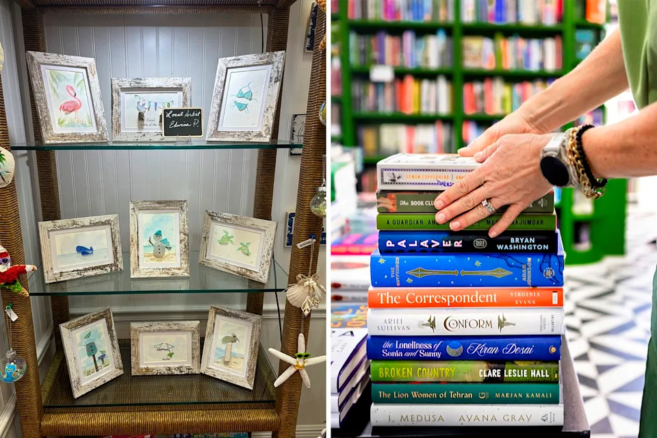 From left: The Blue Mussel; Books on Third From left: Work from a local artist at The Blue Mussel; a stack of books at Books on Third.