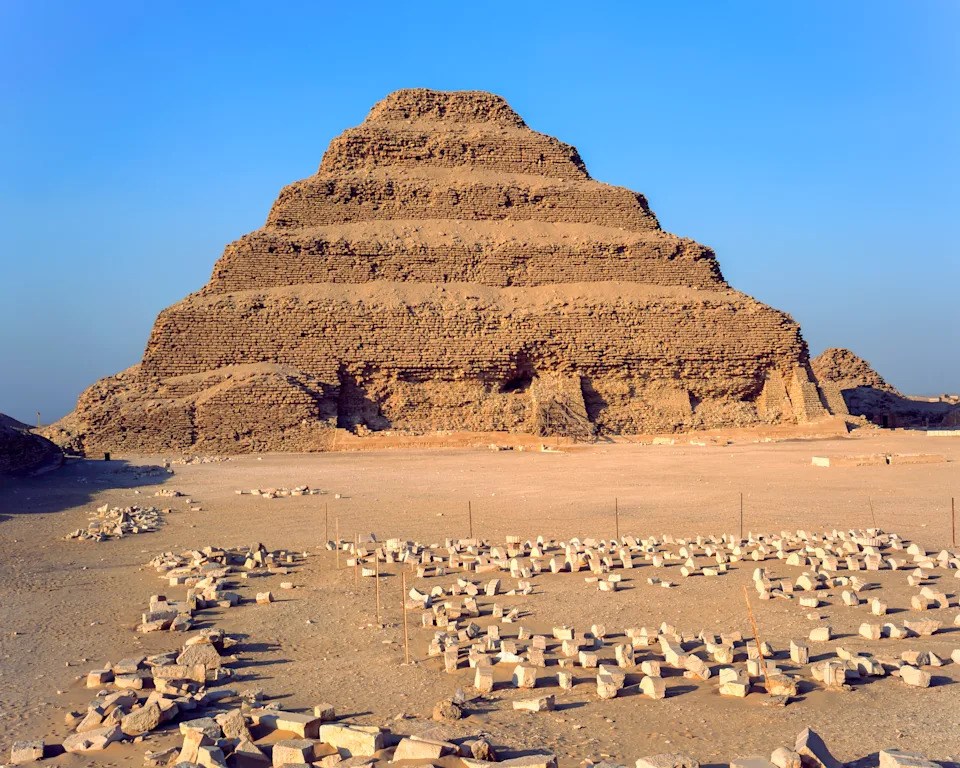 The Step Pyramid of Pharaoh Djoser stands in the Saqqara necropolis near ancient Memphis in Egypt. Built during the Third Dynasty around 2670 BC by Imhotep.