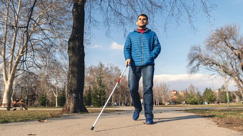 Blind man walking through Portland park with support cane