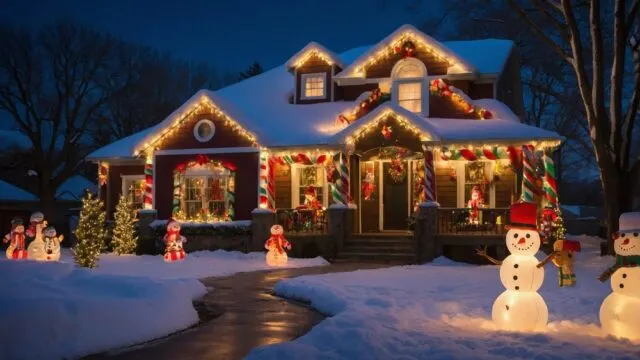 Winter snow, House decorated with lights for Christmas.