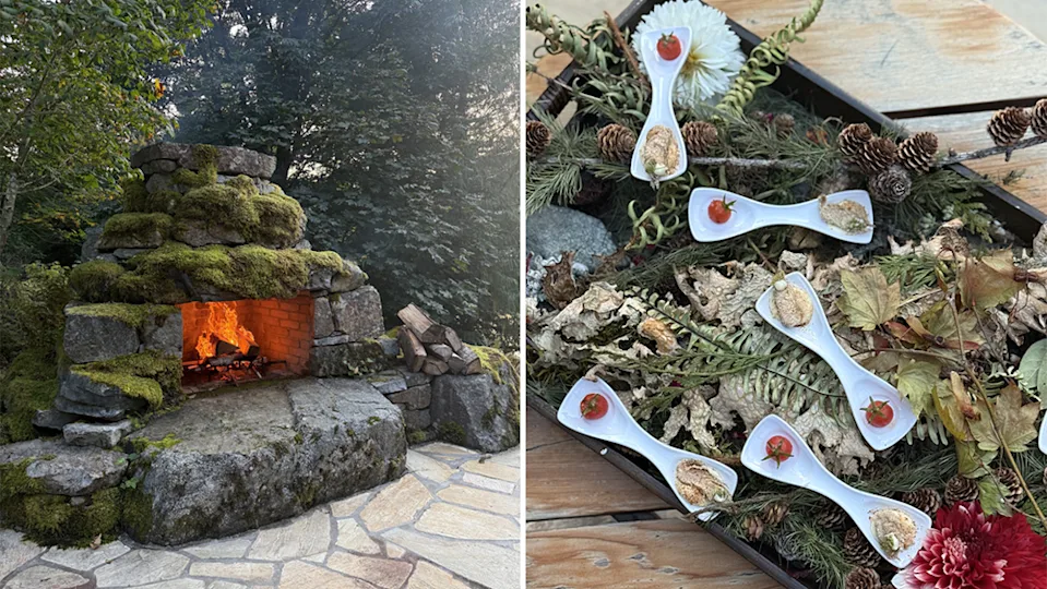 Outdoor moss-covered stone fireplace at Fawn Bluff; an artfully designed tray with leaves and pinecone appetizers