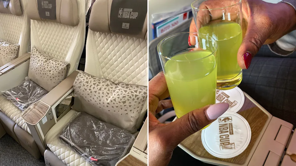 Collage showing Emirates Premium Economy seats with pillows and blankets arranged, alongside two glasses of welcome drinks held over NBA Cup branded coasters.