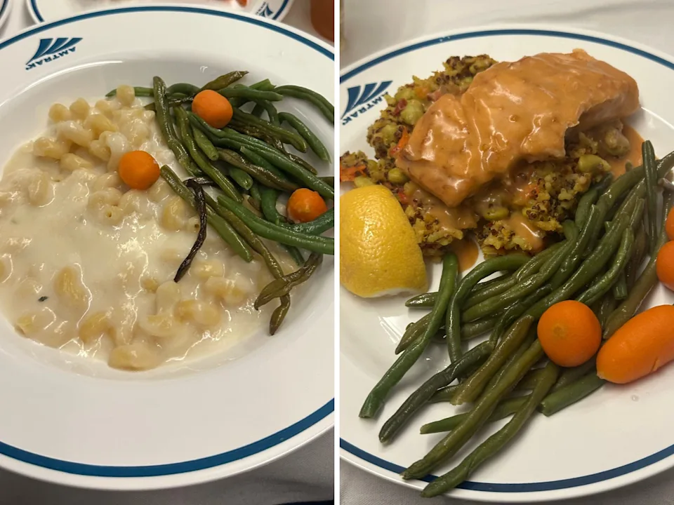 Pasta dish and salmon dish.