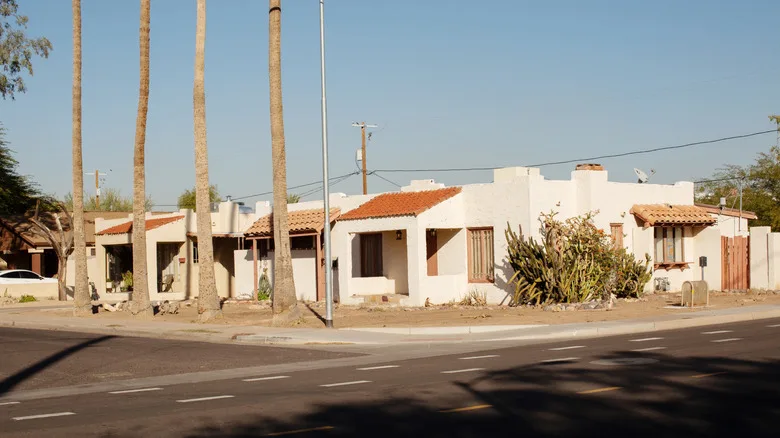 White houses with terracotta roofs on a corner in the Coronado District in Phoenix, Arizona