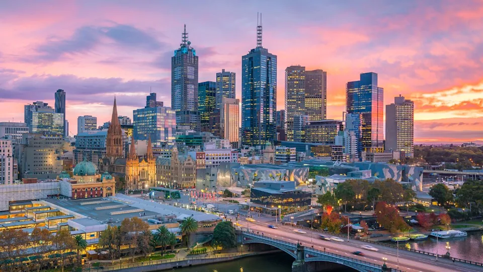 Melbourne city skyline at twilight in Australia