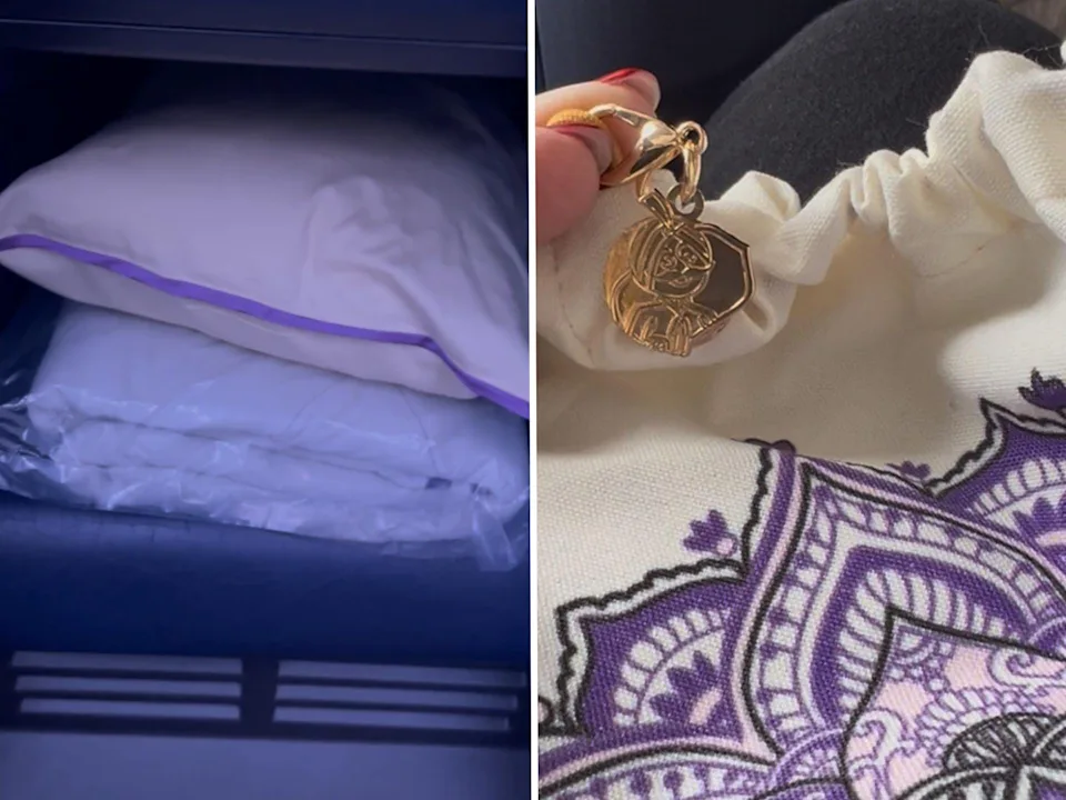 Split image: A pillow and blanket tucked in storage in the author's business class seating area, and a gold Maharaja charm attached to an amenity kit.