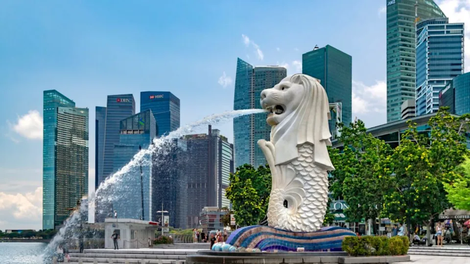 Southeast Asia, Singapore, November, 2022 Merlion statue at merlion park in marina bay