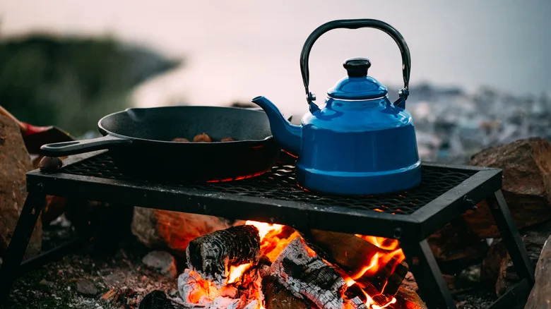 Teapot and cast iron over campfire