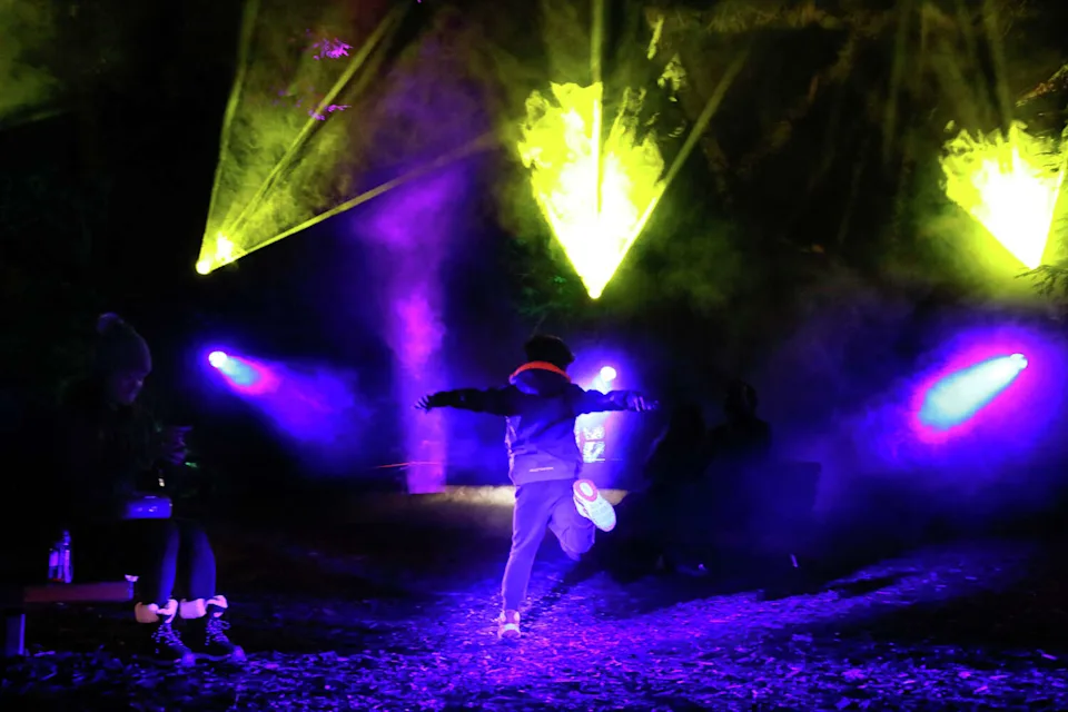 Mason Jones, 5, of San Francisco dances to the music at Lightscape at the San Francisco Botanical Garden while experiencing the sights and sounds of the Interlace exhibit with his parents Henry Jones and Desiree Miranda, not shown. (Lea Suzuki/S.F. Chronicle)