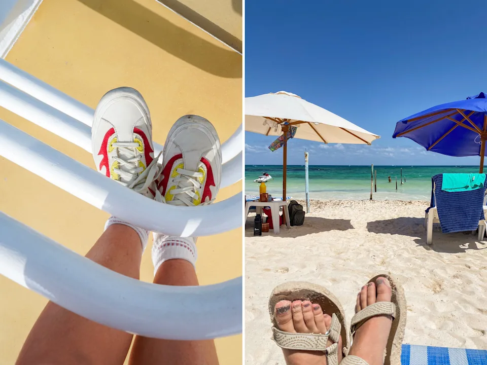 A composite image of the author wearing sneakers and sandals