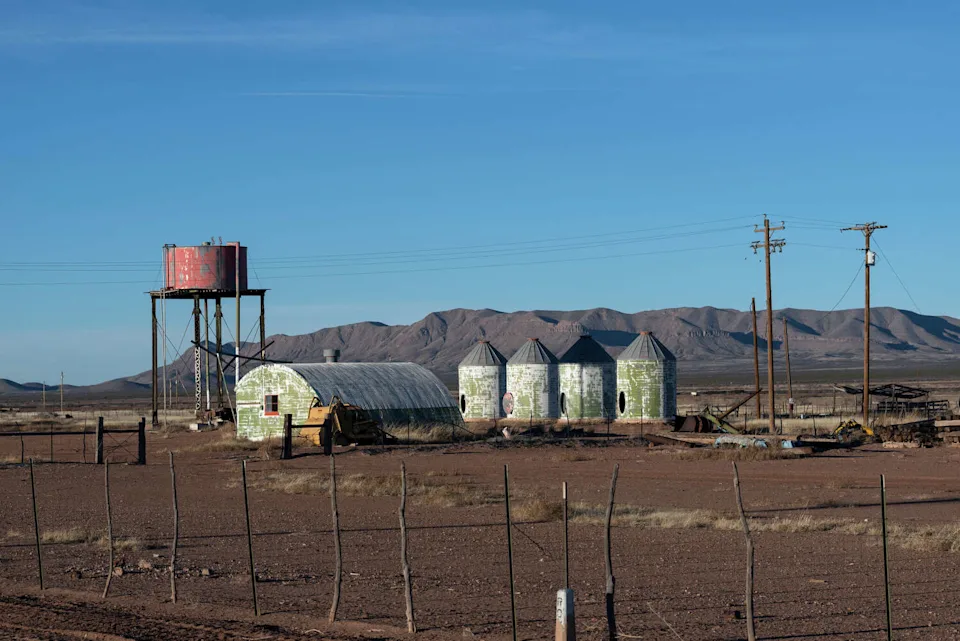 Weathered metal structures are seen in the mostly deserted town of Lobo, south of Van Horn on U.S. 90 in Culberson County, Texas. (Buyenlarge/Getty Images)