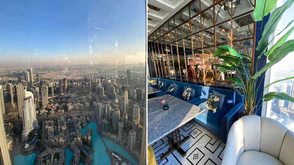 I enjoyed skyline views from the Burj Khalifa and relaxed inside Atmosphere Restaurant with its stylish blue seating and mirrored walls.