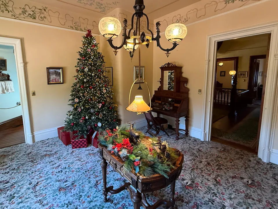 A room in a mansion containing a Christmas tree.